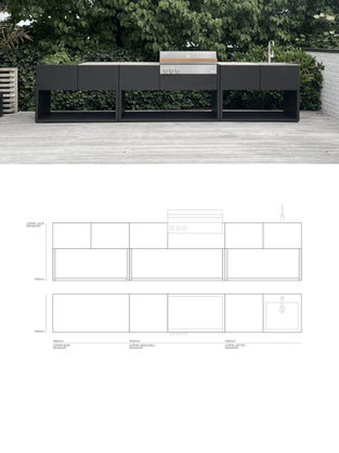 LINJE
Miljöbild
BLOCK Utekök som rak linje längs fasad med grill, arbetsyta och plantering
Streckillustration
Illustration av BLOCK Utekök i linjeuppställning