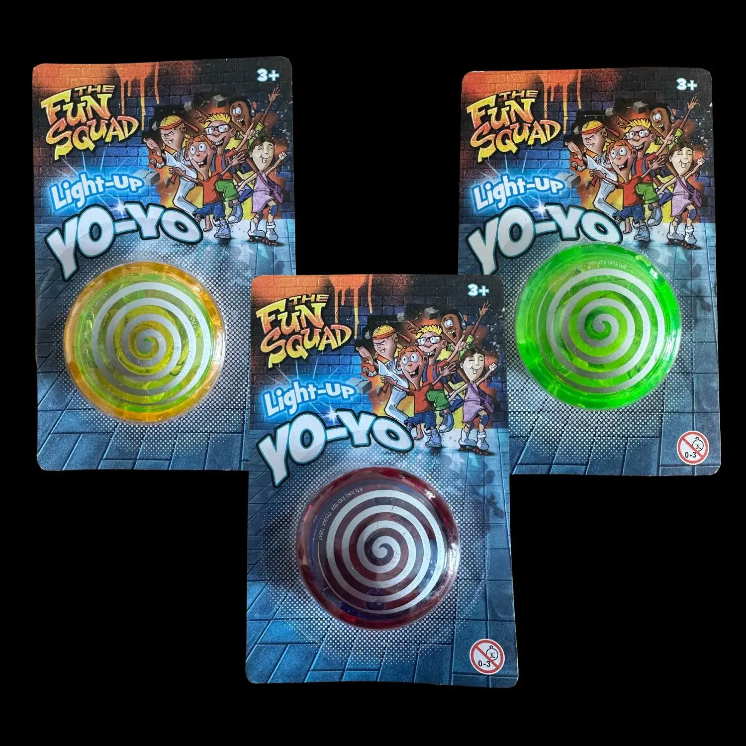 Three packaged Fun Squad LED Swirl Yo-Yos in yellow, green, and red.