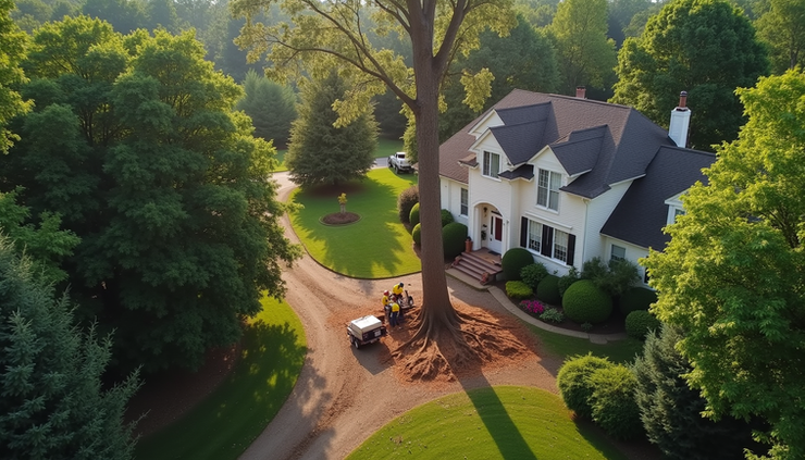 High angle view of tree removal crew cutting a large tree near a residential home in Sussex County