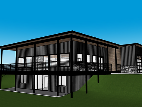 This is a screenshot of a 3D custom home design software with a 2 story, modern home with a wrap around balcony