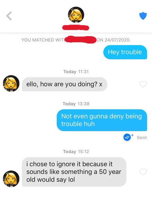 Screenshot of failed dating app message attempt, highlighting common texting mistakes