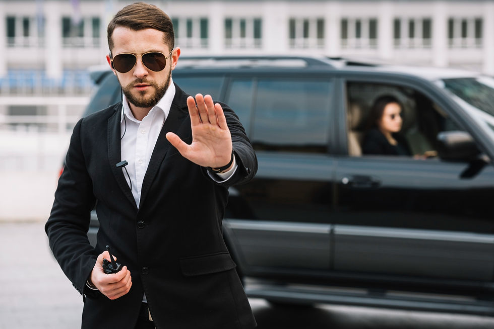 Suited Security Guard Checking Suspicious Activity
