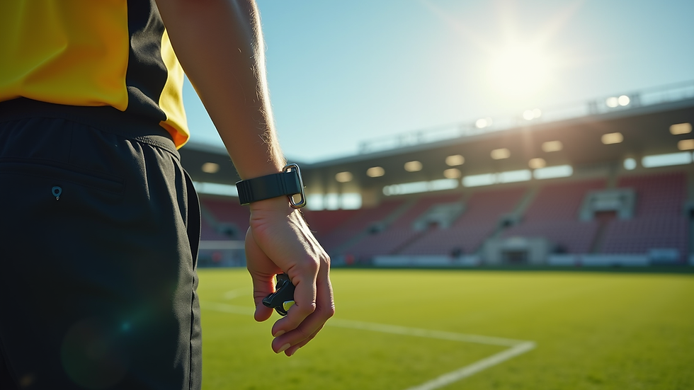 Eye-level view of a referee holding a whistle on a football field