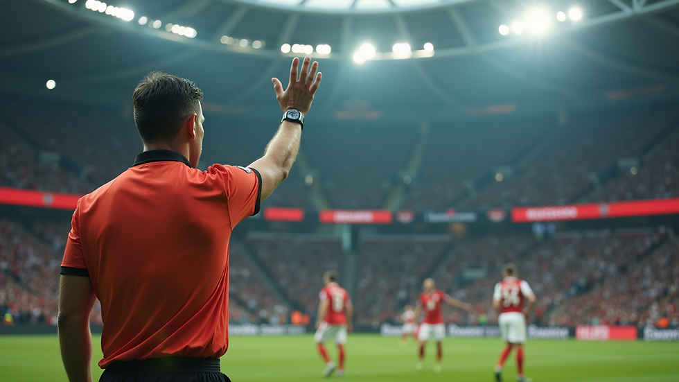Eye-level view of a referee signaling a decision on the field