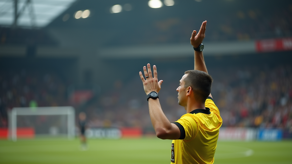 Close-up of a referee’s raised hand signaling a foul during a soccer match