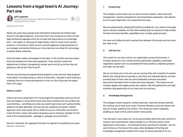 AI-focused article for Jeff Langlands, General Counsel at BT Group