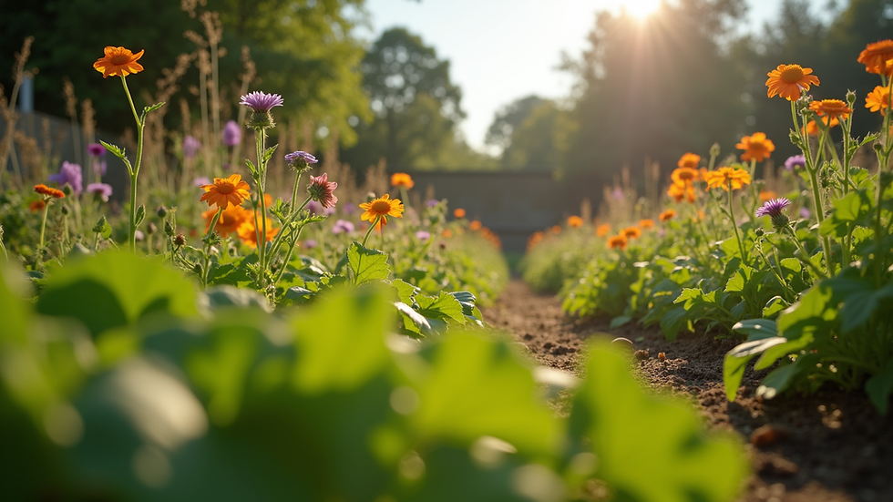 Eye-level view of a community garden with vibrant plants