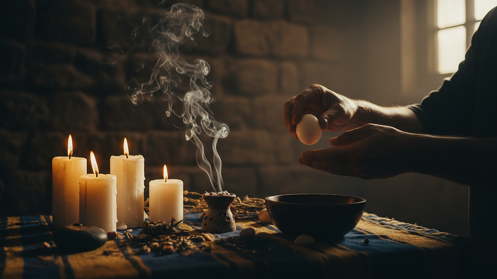 Vista a nivel de suelo de un altar con veladoras encendidas y huevo para limpieza energética