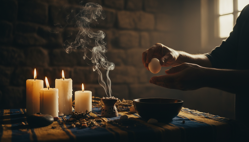 altar tradicional a ras de suelo con veladoras y huevo preparados para un protocolo de limpieza energética del hogar