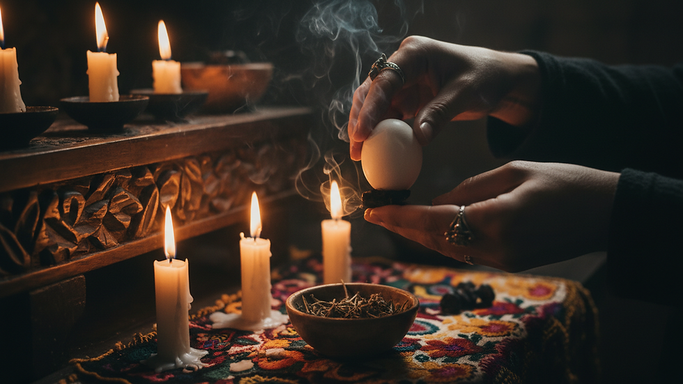 Vista a nivel de ojo de un altar tradicional con veladoras encendidas y huevo para limpieza energética