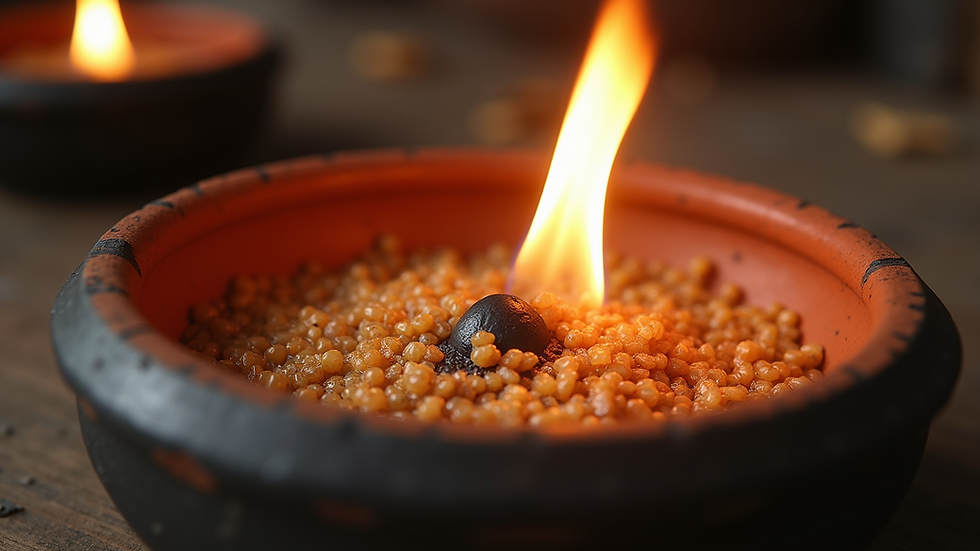 Close-up view of copal resin burning in a traditional clay bowl