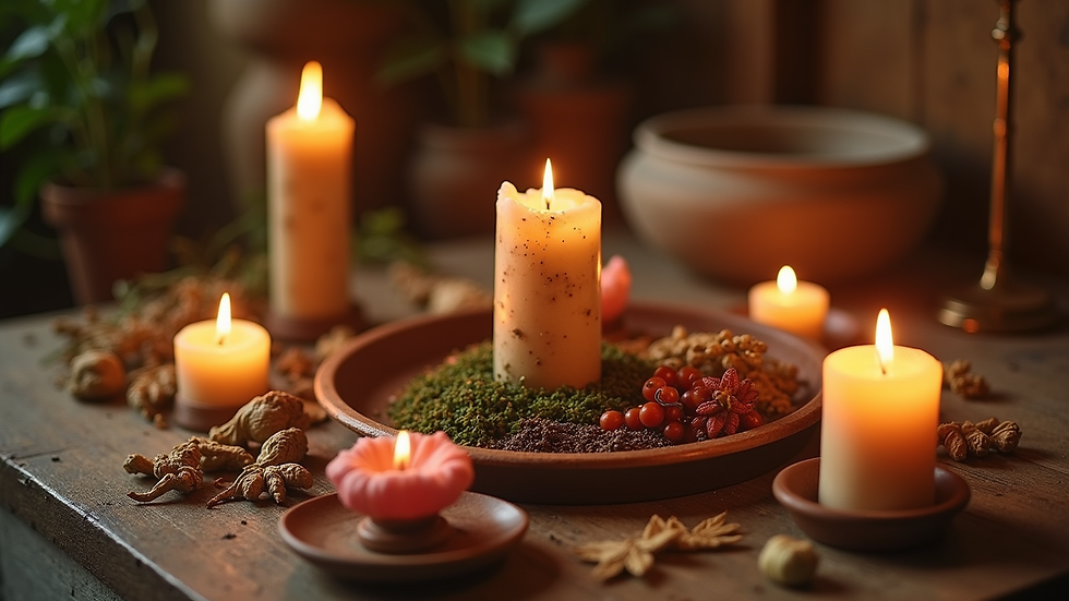 Eye-level view of a traditional altar with herbs and candles in a spiritual cleansing session