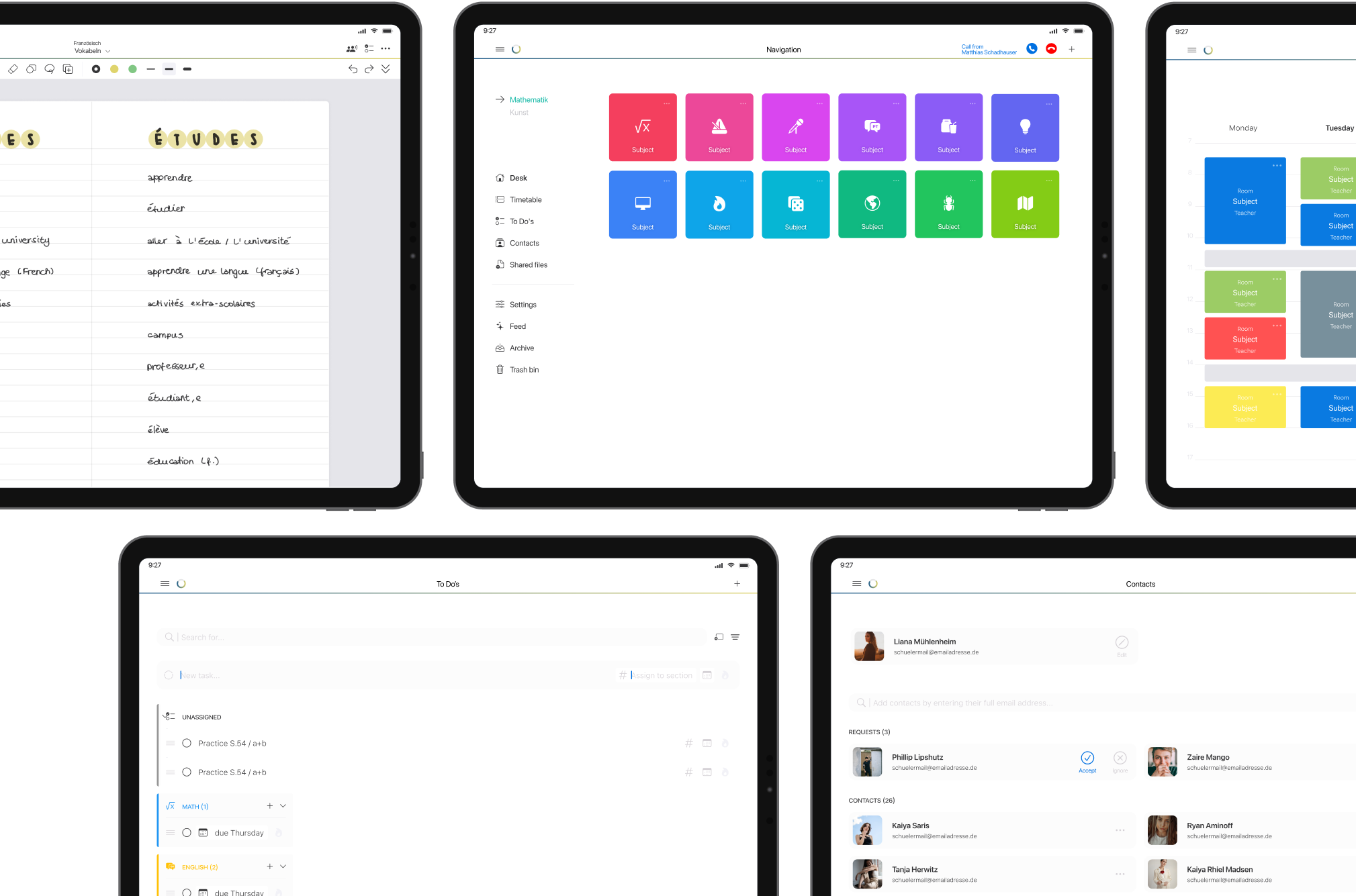 wryte Funktionen: Notizen, Ordner, Stundenplan, To-dos und Kontakte