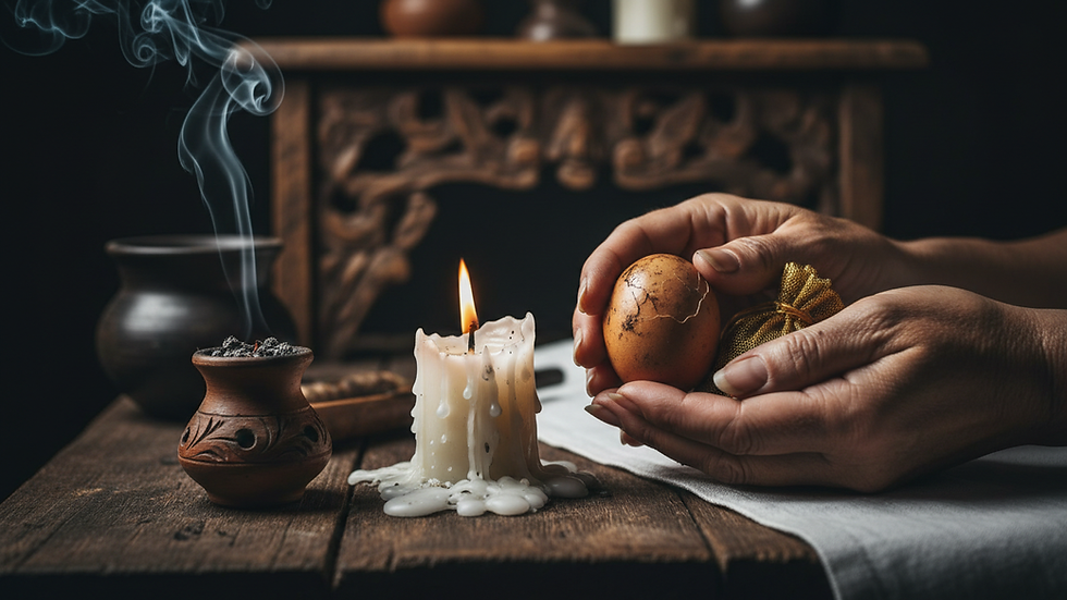 Plano detalle de huevo y veladora usados en limpieza energética tradicional
