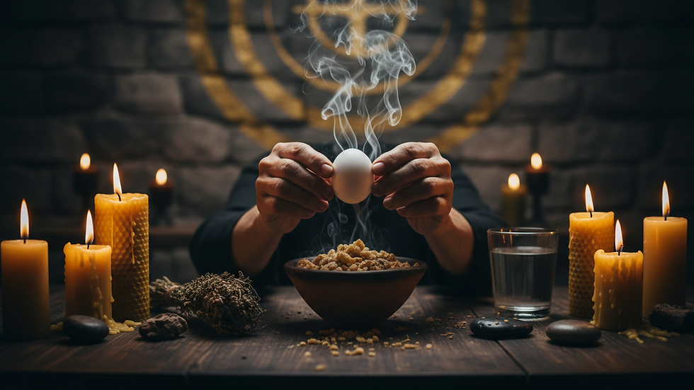 Eye-level view of a spiritual cleansing session with egg and candles