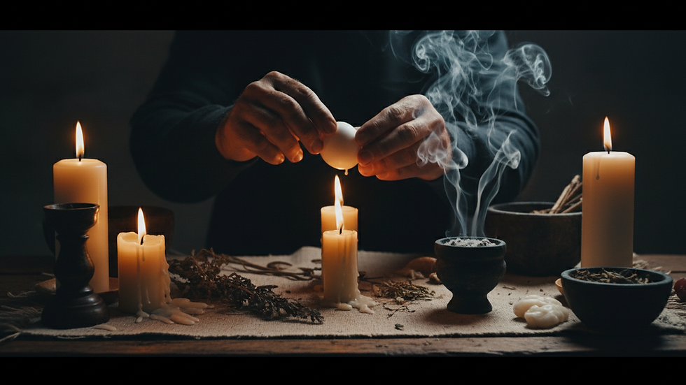 Vista a nivel de altar tradicional para limpia energética con veladoras y huevo