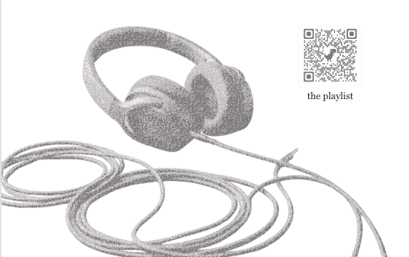 Headphones and cord accompanied by a QR code that brings you to the YouTube playlist