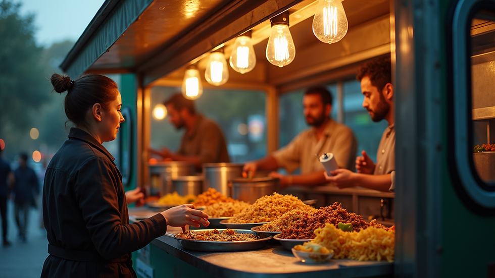 Eye-level view of a food truck serving Indian street food