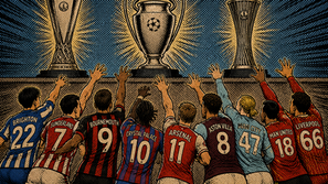 Football fans in club shirts reach toward three glowing trophies, with team names and numbers on their backs.