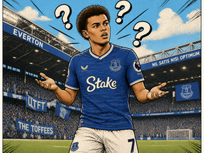 Everton player in blue kit shrugs on the pitch, surrounded by question marks, with stadium banners reading Stake and The Toffees.