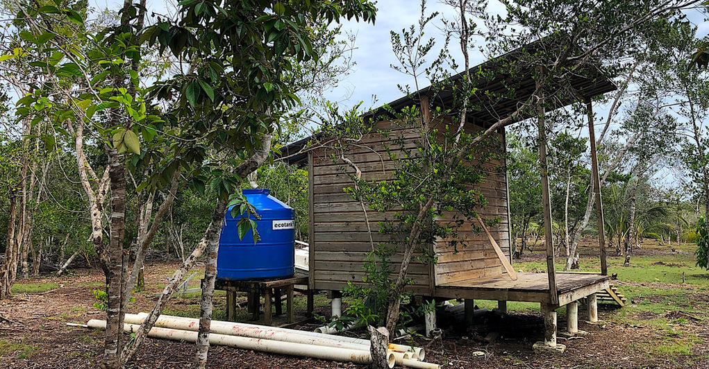 The garden and tools storage shed with water collection system on the peninsula.