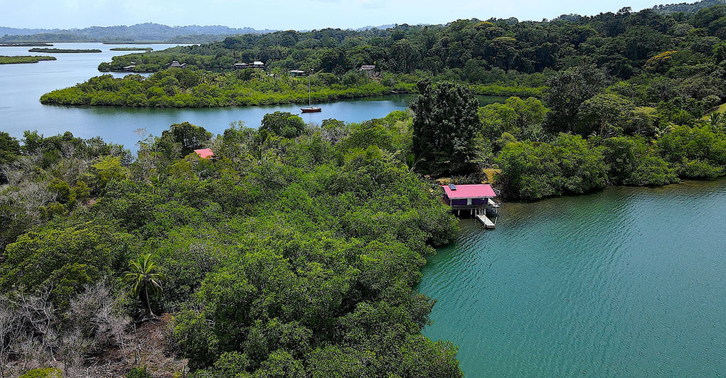 Bird view of the small caretaker house built over the water
