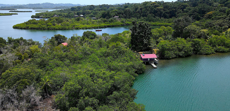 Bird view of the small caretaker house built over the water