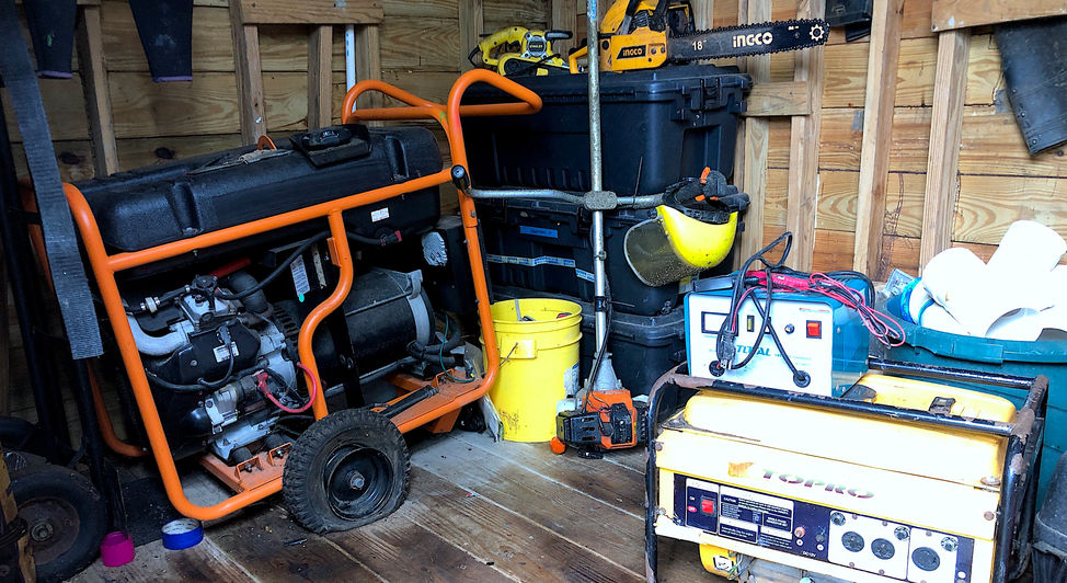 Garden accessories, generators and tools in the shed.