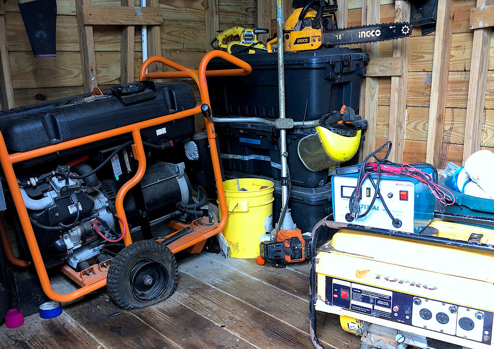 Garden accessories, generators and tools in the shed.