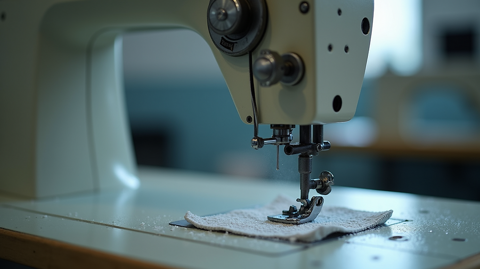 Close-up view of an industrial sewing machine cleaning session