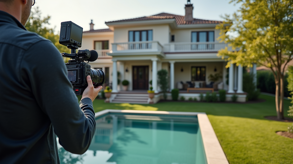 High angle view of a videographer filming a luxury property exterior