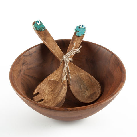 Wooden serving bowl with matching salad spoons, styled for handcrafted product photography in Dubai