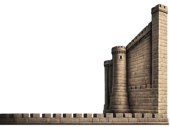 Stone fortress walls and towers symbolizing cybersecurity protection, defense, and layered security.