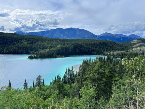 Turquoise lake surrounded by forest and mountains in the Yukon, Canada during an Alaskan cruise land excursion