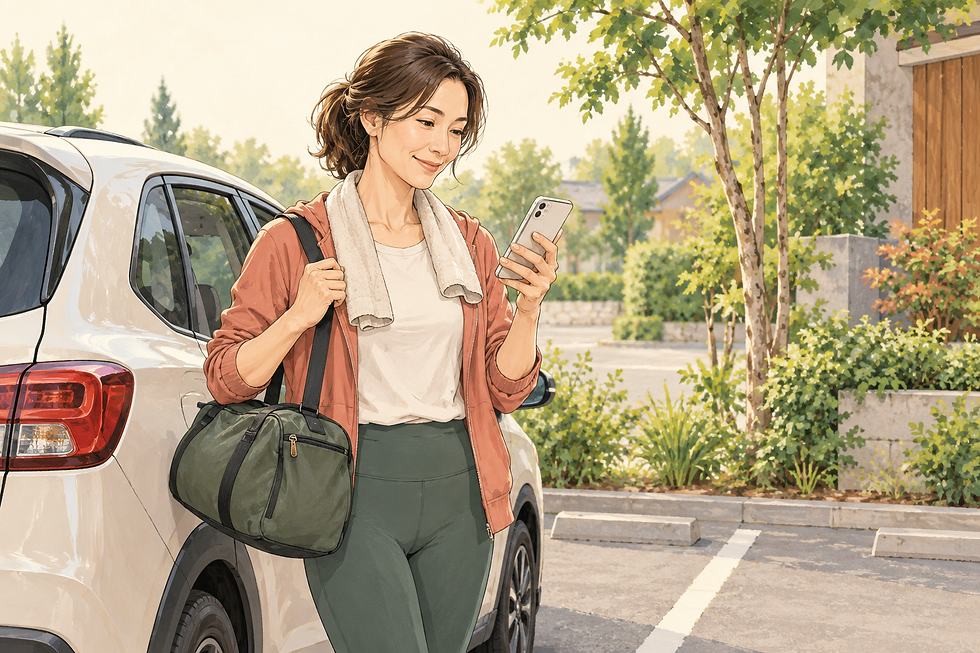 ジムへの移動前にスマートフォンで予定を確認する女性のAIイラスト