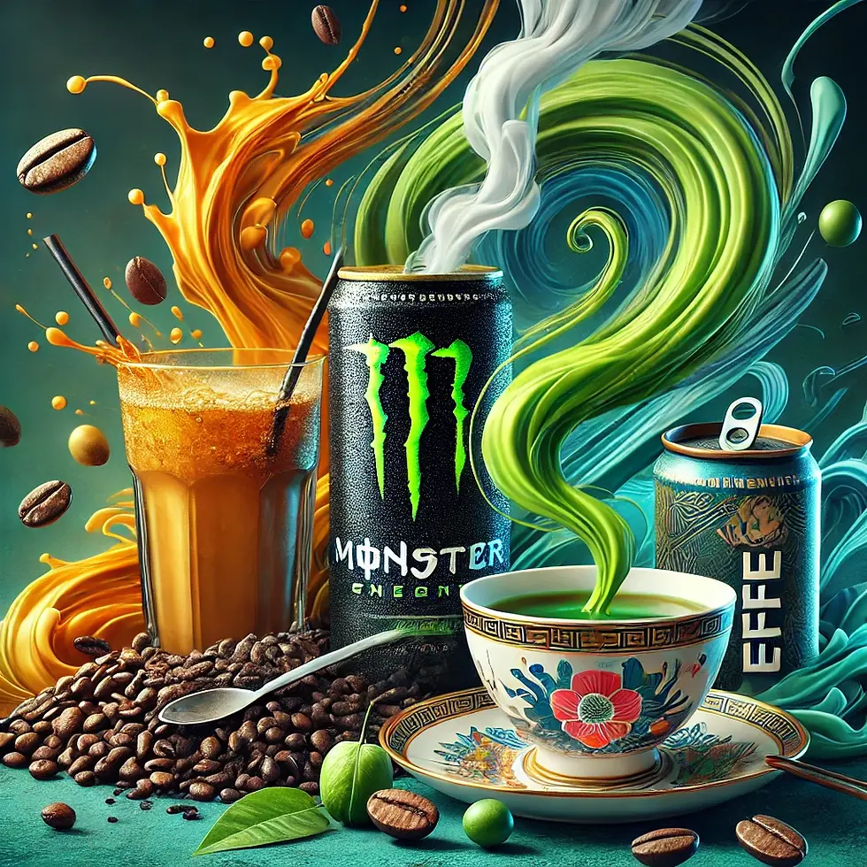 エナジードリンク、コーヒー、緑茶のカフェインを強調した画像