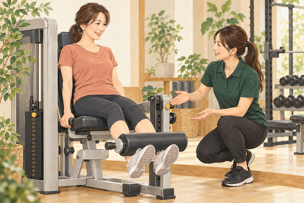 トレーナーからマシンの使い方を教わる女性のAIイラスト