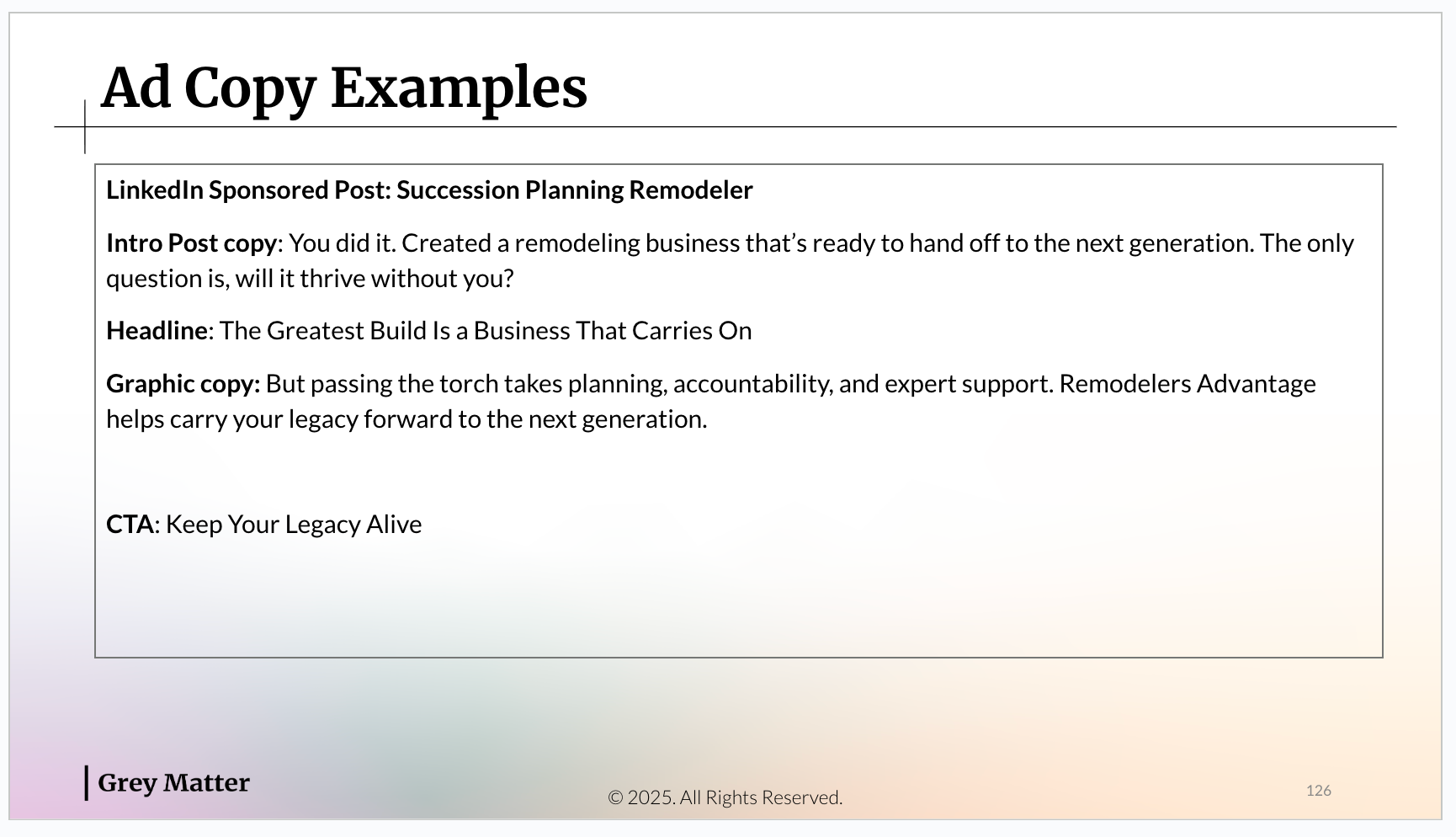 LinkedIn sponsored post: Succession Planning Remodeler, headline “The Greatest Build Is a Business That Carries On”