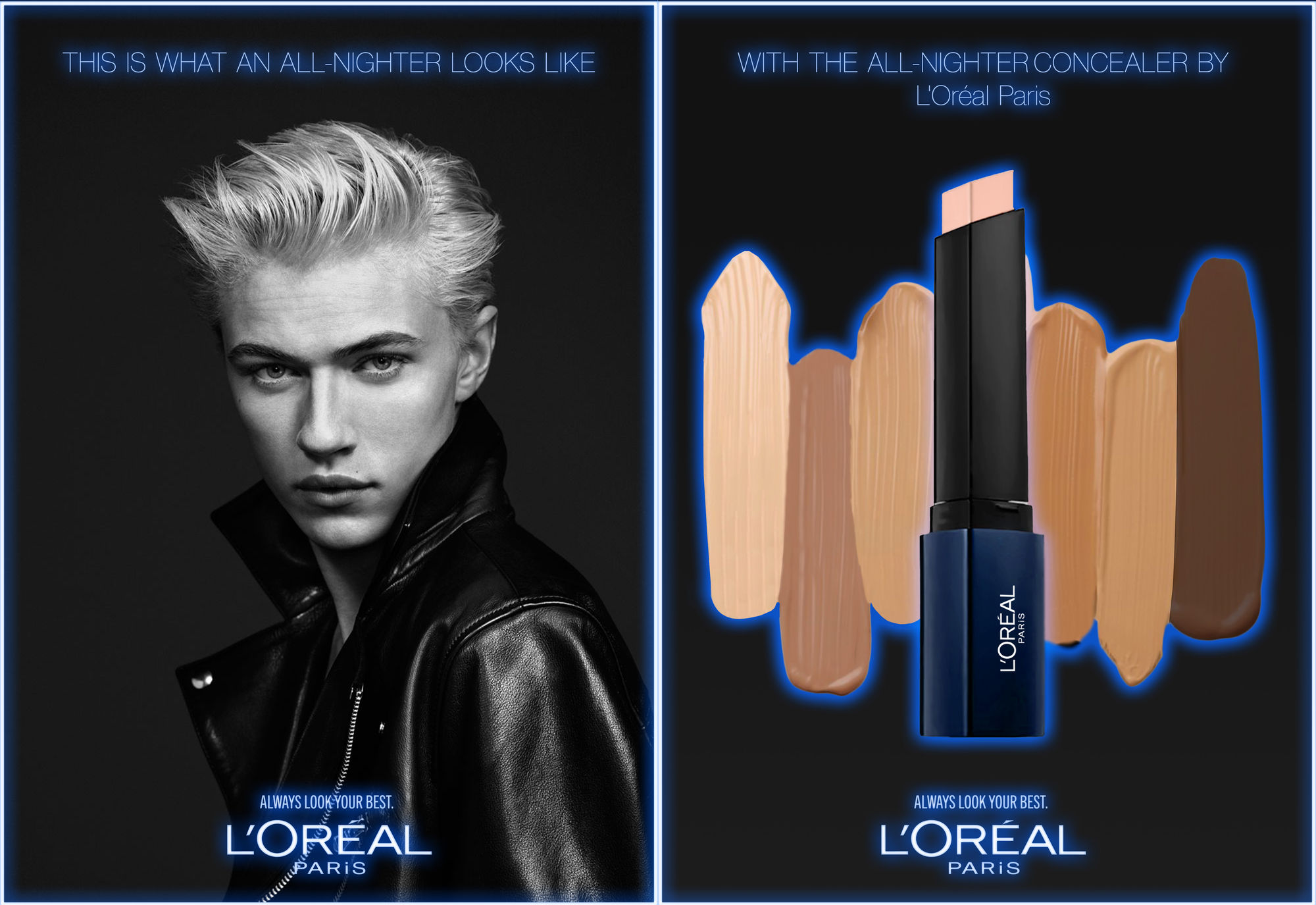 L'Oréal All-Nighter Concealer two-page print ad: a man in a leather jacket beside the concealer and its shade swatches, framed in a blue neon glow