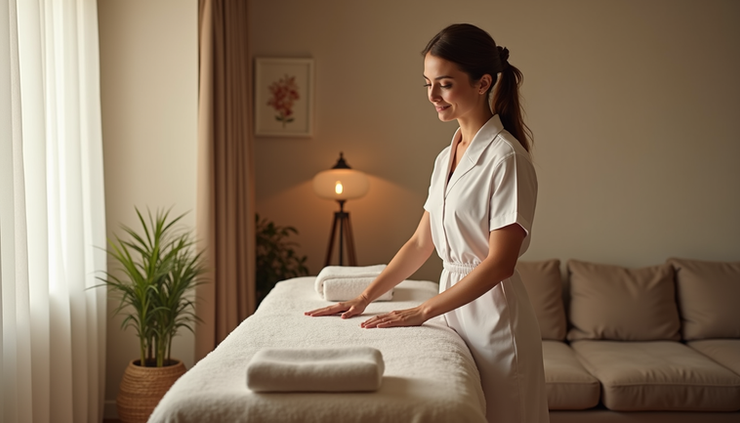 Eye-level view of a massage therapist setting up a massage table in a cozy living room
