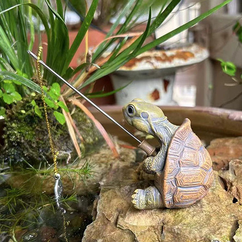 Creative Rope Fishing Turtle Statue Cute Simulation Turtle Resin Figurine Animal