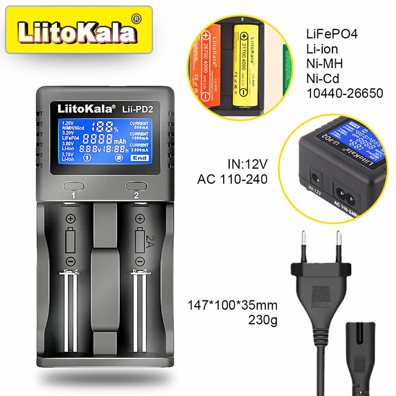 LiitoKala Lii-PD4/PD2 AC PD Charger LCD Fast Charging 4/2-Bay for 21700/18650/AA