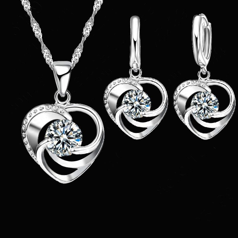 925 Sterling Silver Stamped Necklace Earrings Set Long Chain Sweet Romantic Styl