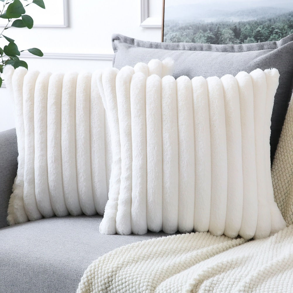 Solid Color Soft Plush Pillowcase Square Faux Rabbit Fur Ribbed Cushion Cover So