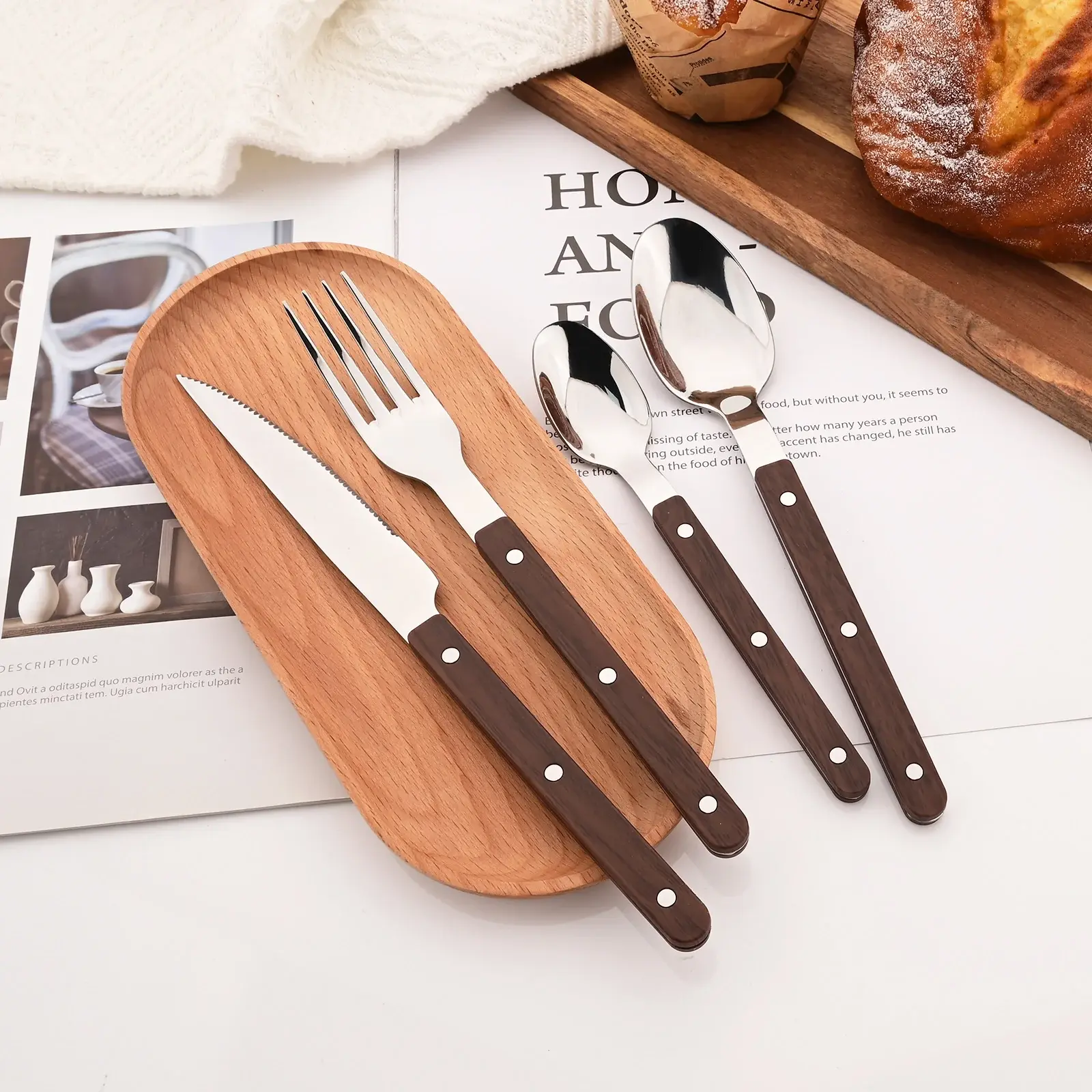 5/20Pcs Imitative Wood Silver Dinnerware Set Western Knife Fork Spoons Set Mirro