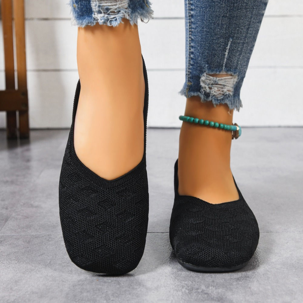 New 2026 Spring/autumn Square Toe Flat Office Boat Solid Color Knitted Slip on S