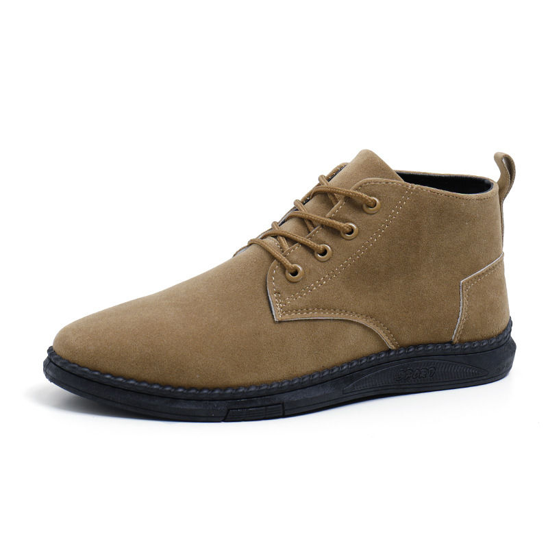 High Top Casual Grey Suede Shoes Men's Lace Up Black Flat Bottom Short Boots Men