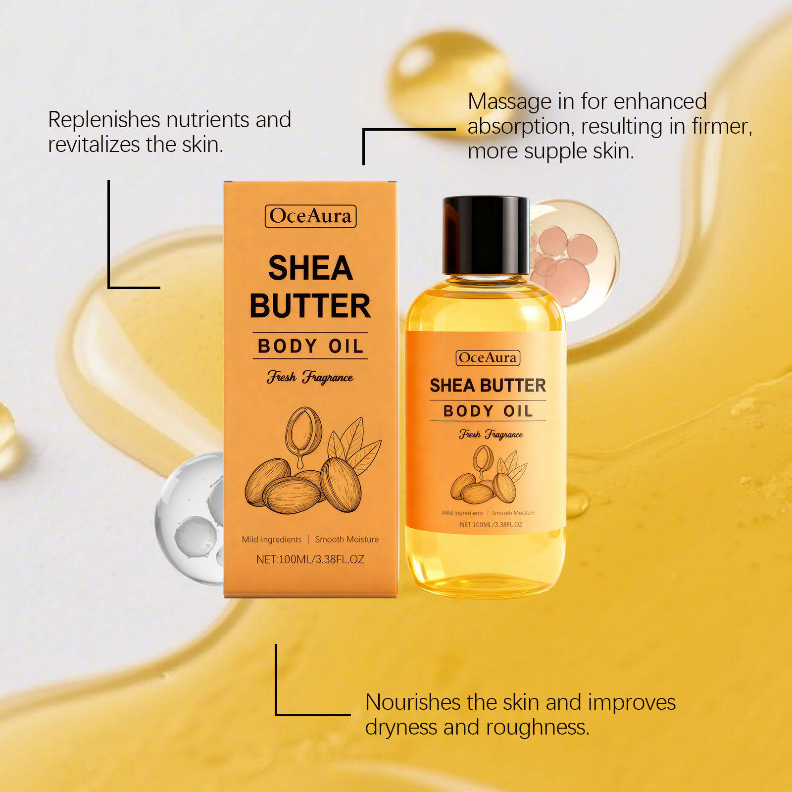 100% Natural Shea Butter Massage Oil Intense Moisture for Dry Skin Lightweight &