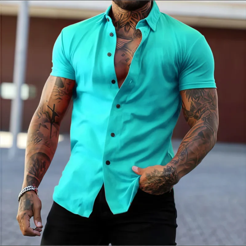 Men's Lapel Solid Color Short Sleeve Shirt Elastic Thin Casual Cardigan Non-iron