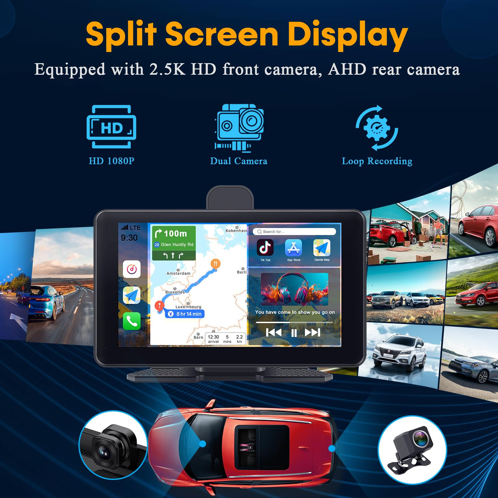 Wireless for CarPlay Dash Cam 7" Touch Screen 8.3MP 170 Angle Car Backup Camera